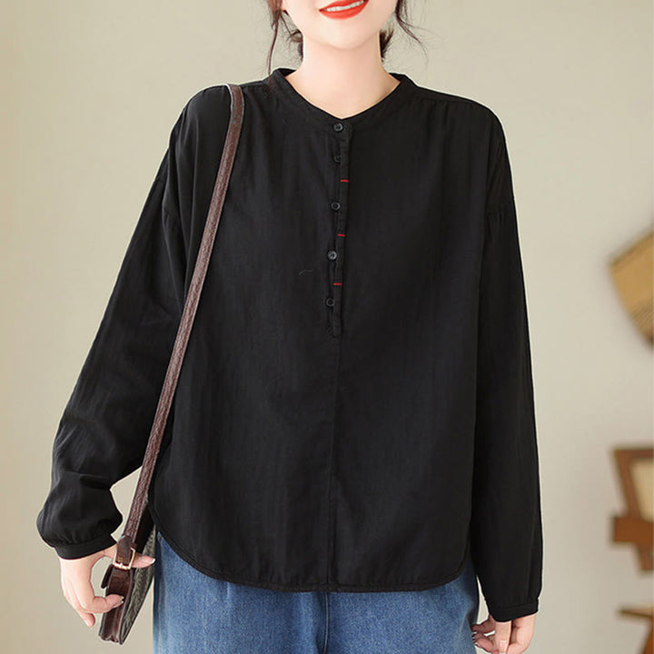 Camicia da donna in cotone e lino a maniche lunghe, modello Buddha Stones Commute Spring, semplice, con bottoni a metà lunghezza - image 4