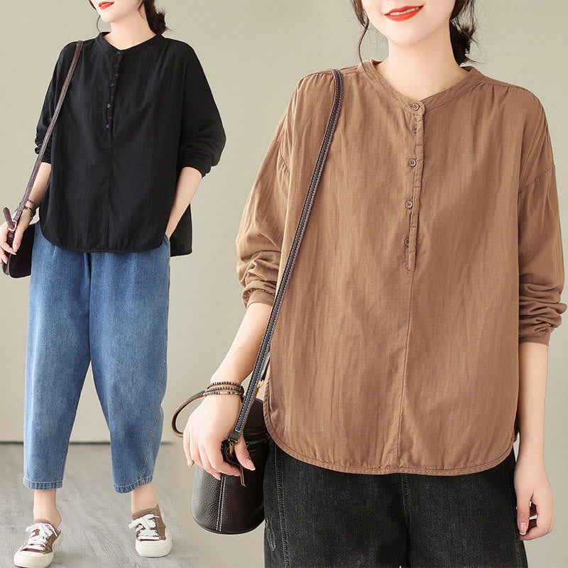 Camicia da donna in cotone e lino a maniche lunghe, modello Buddha Stones Commute Spring, semplice, con bottoni a metà lunghezza - image 22