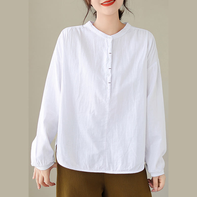 Camicia da donna in cotone e lino a maniche lunghe, modello Buddha Stones Commute Spring, semplice, con bottoni a metà lunghezza - image 9