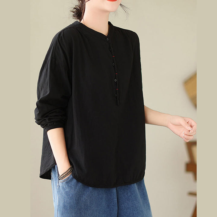 Camicia da donna in cotone e lino a maniche lunghe, modello Buddha Stones Commute Spring, semplice, con bottoni a metà lunghezza - image 5
