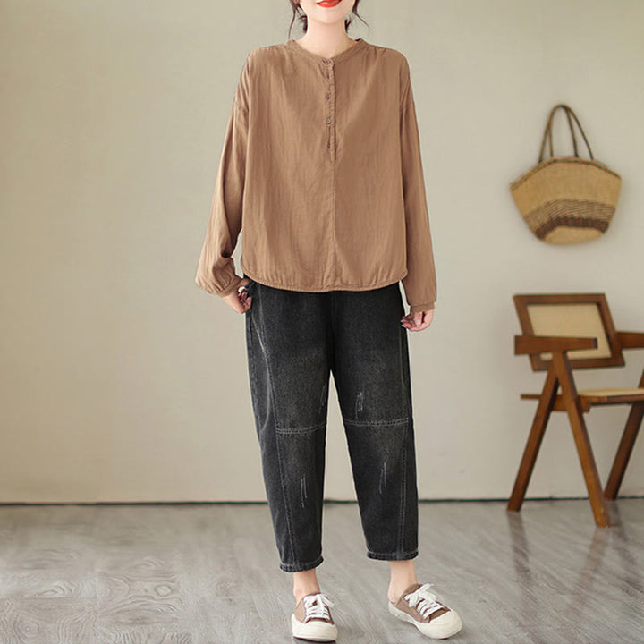 Camicia da donna in cotone e lino a maniche lunghe, modello Buddha Stones Commute Spring, semplice, con bottoni a metà lunghezza - image 16