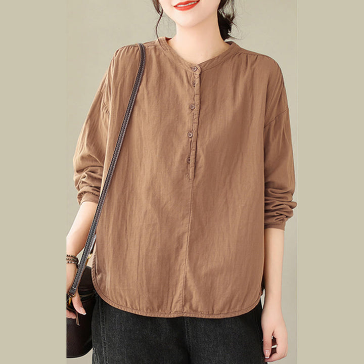 Camicia da donna in cotone e lino a maniche lunghe, modello Buddha Stones Commute Spring, semplice, con bottoni a metà lunghezza - image 14