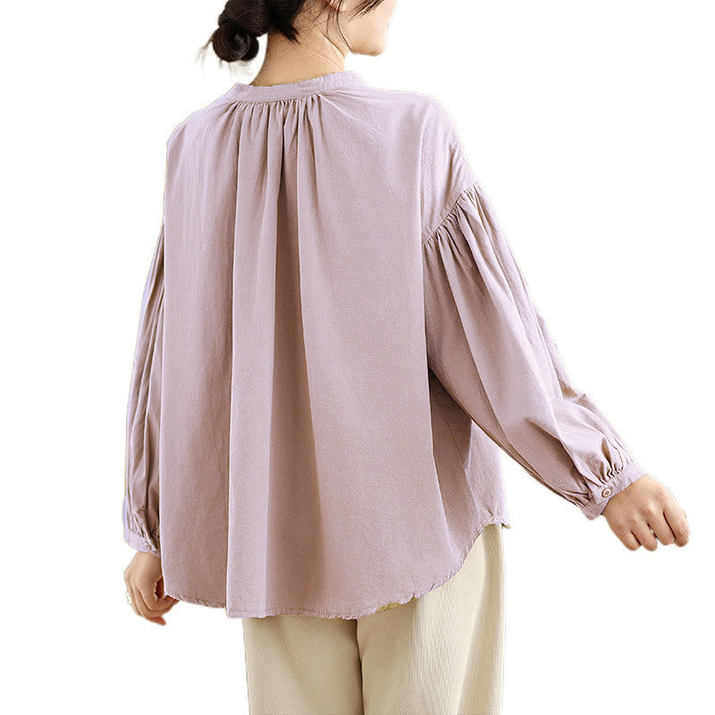 Camicia da donna in cotone e lino a maniche lunghe con design a pieghe a fisarmonica e bottoni mezzi Buddha Stones Commute - image 17