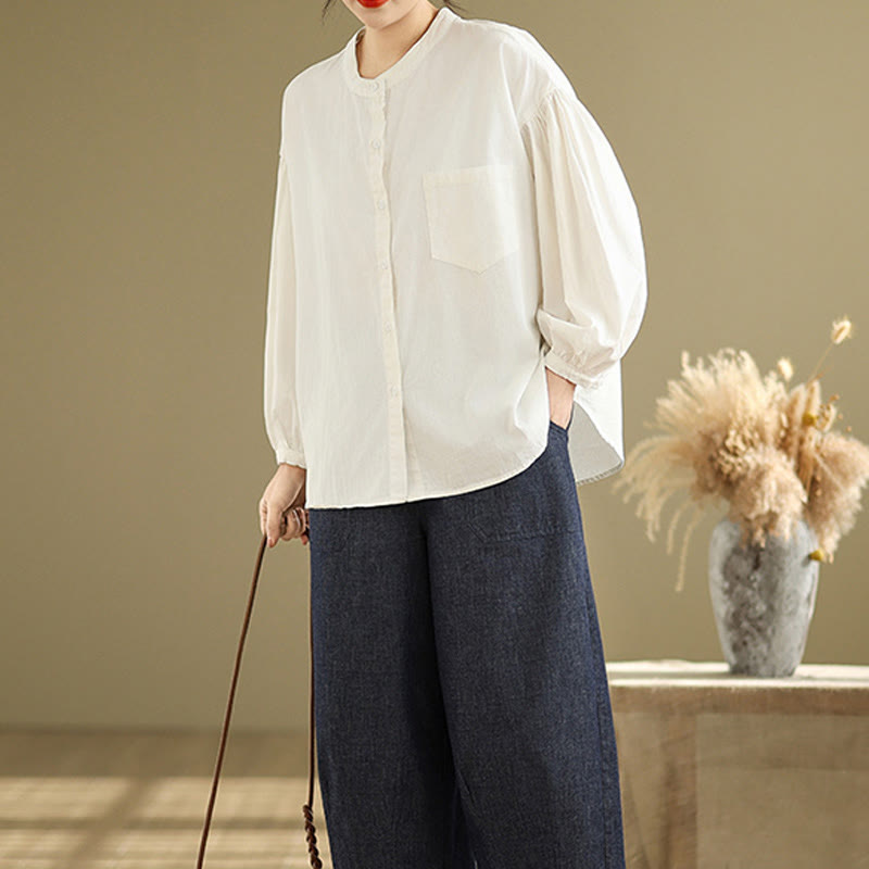 Camicia da donna in cotone e lino a maniche lunghe con design a pieghe a fisarmonica e bottoni mezzi Buddha Stones Commute - image 24