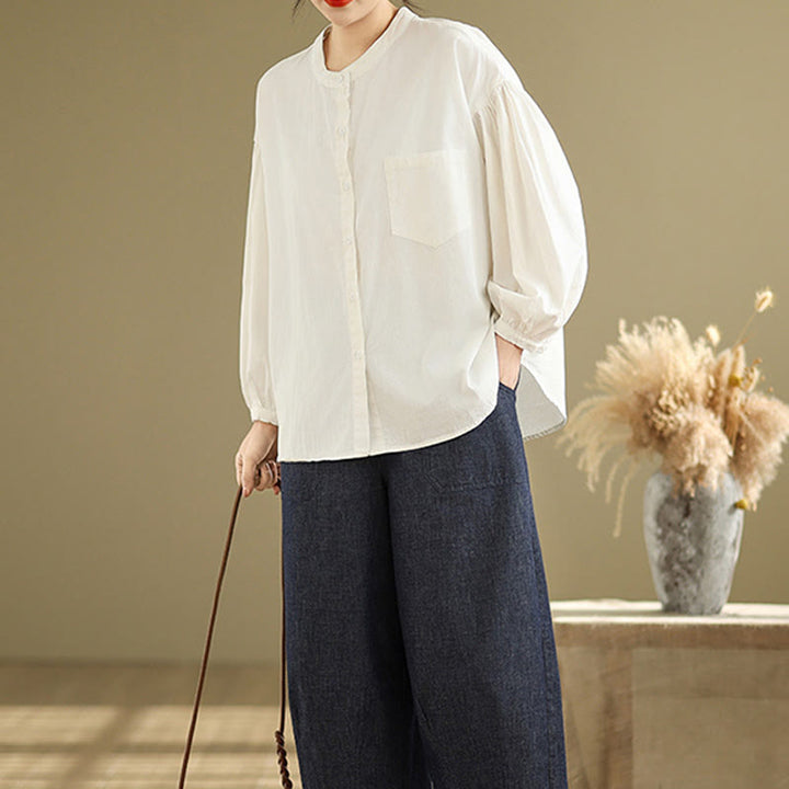 Camicia da donna in cotone e lino a maniche lunghe con design a pieghe a fisarmonica e bottoni mezzi Buddha Stones Commute - image 24