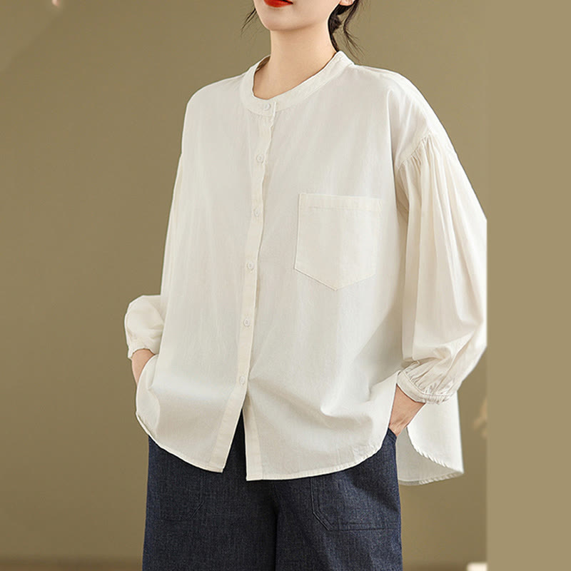 Camicia da donna in cotone e lino a maniche lunghe con design a pieghe a fisarmonica e bottoni mezzi Buddha Stones Commute - image 22