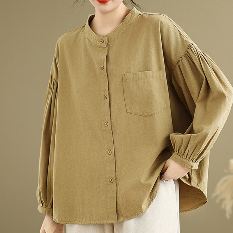 Camicia da donna in cotone e lino a maniche lunghe con design a pieghe a fisarmonica e bottoni mezzi Buddha Stones Commute - image 2