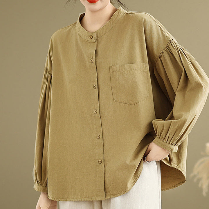 Camicia da donna in cotone e lino a maniche lunghe con design a pieghe a fisarmonica e bottoni mezzi Buddha Stones Commute - image 2