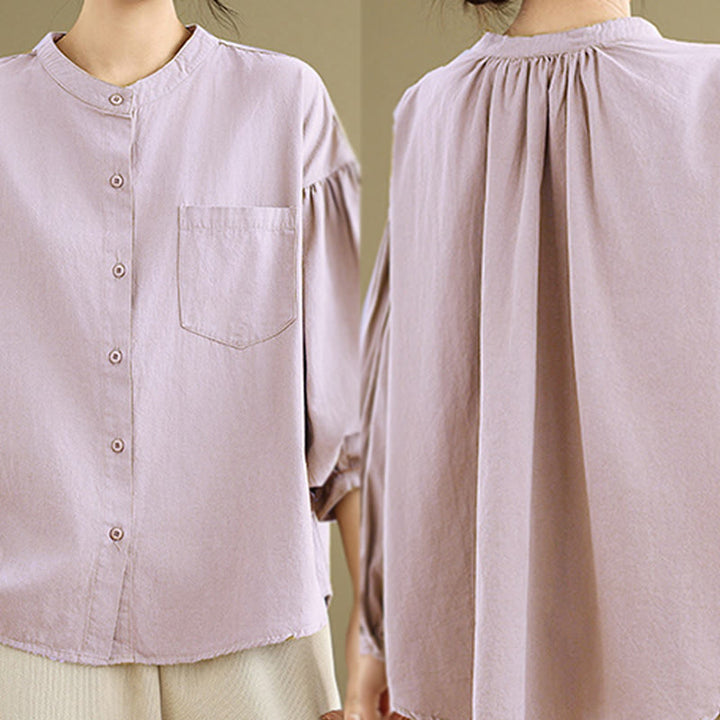 Camicia da donna in cotone e lino a maniche lunghe con design a pieghe a fisarmonica e bottoni mezzi Buddha Stones Commute - image 16