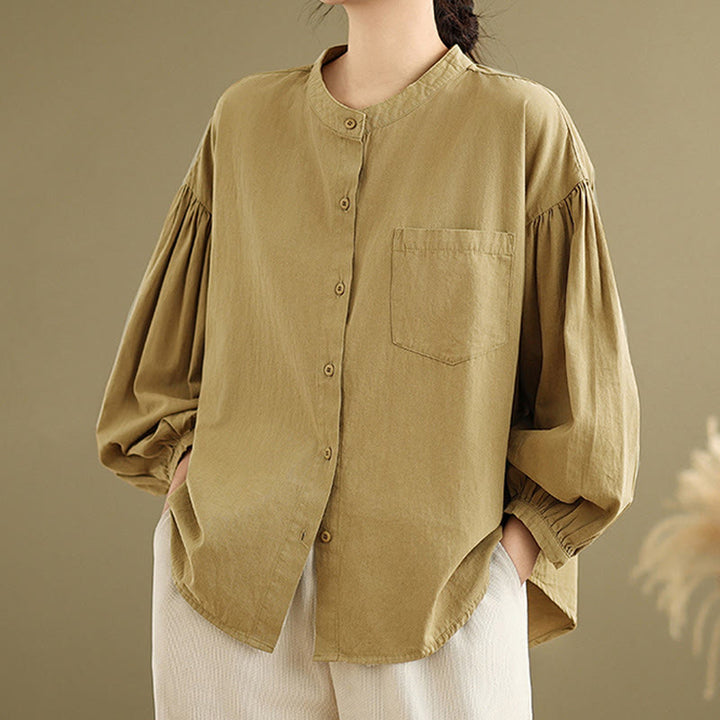 Camicia da donna in cotone e lino a maniche lunghe con design a pieghe a fisarmonica e bottoni mezzi Buddha Stones Commute - DarkGoldenrod - US8-10, UK/AU12-14, EU40-42 (2XL) - image 1