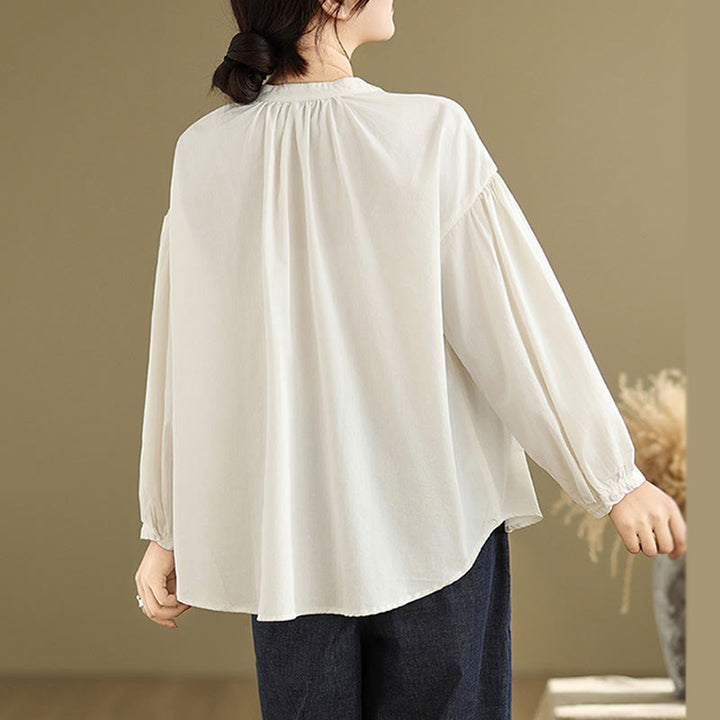 Camicia da donna in cotone e lino a maniche lunghe con design a pieghe a fisarmonica e bottoni mezzi Buddha Stones Commute - image 20