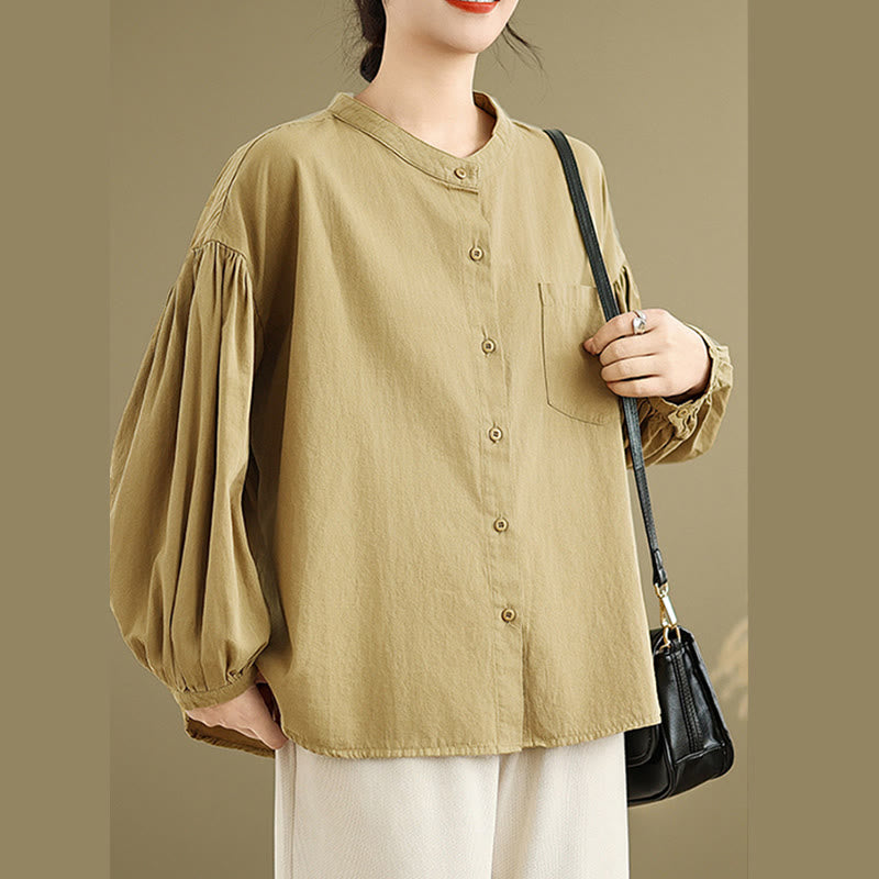 Camicia da donna in cotone e lino a maniche lunghe con design a pieghe a fisarmonica e bottoni mezzi Buddha Stones Commute - image 5