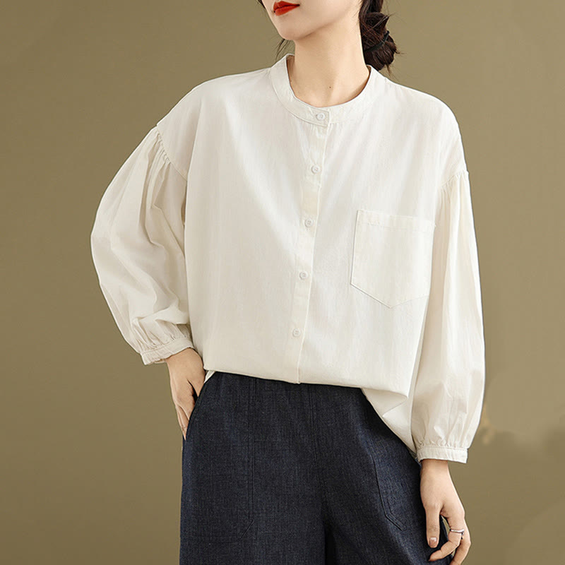 Camicia da donna in cotone e lino a maniche lunghe con design a pieghe a fisarmonica e bottoni mezzi Buddha Stones Commute - image 21