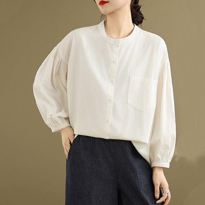 Camicia da donna in cotone e lino a maniche lunghe con design a pieghe a fisarmonica e bottoni mezzi Buddha Stones Commute - image 21