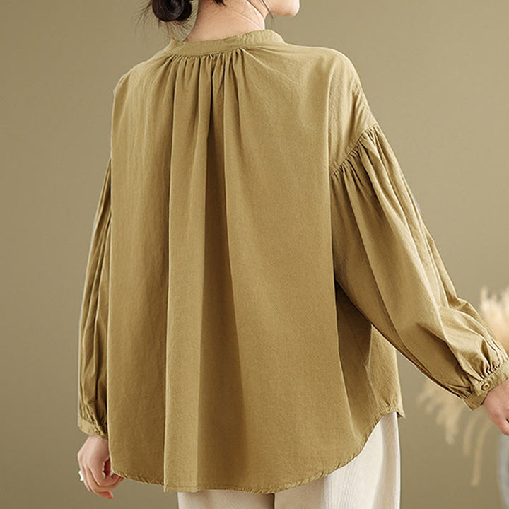 Camicia da donna in cotone e lino a maniche lunghe con design a pieghe a fisarmonica e bottoni mezzi Buddha Stones Commute - image 4
