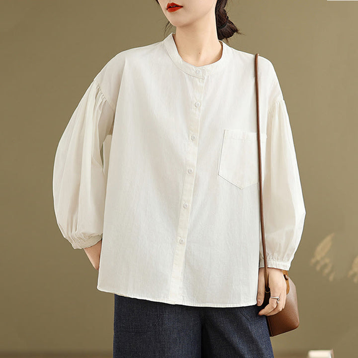 Camicia da donna in cotone e lino a maniche lunghe con design a pieghe a fisarmonica e bottoni mezzi Buddha Stones Commute - image 19