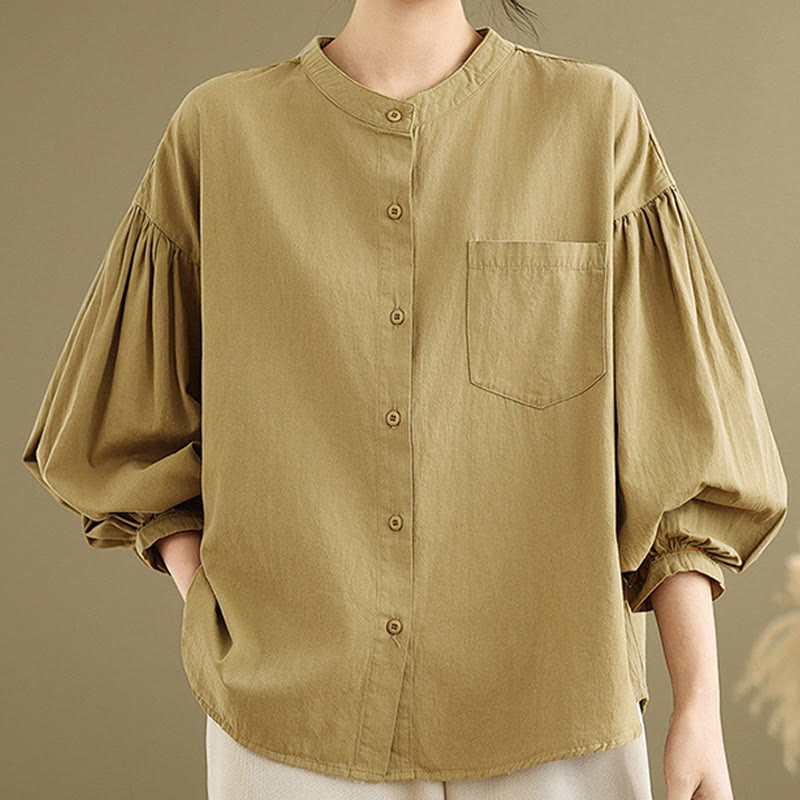 Camicia da donna in cotone e lino a maniche lunghe con design a pieghe a fisarmonica e bottoni mezzi Buddha Stones Commute - image 3
