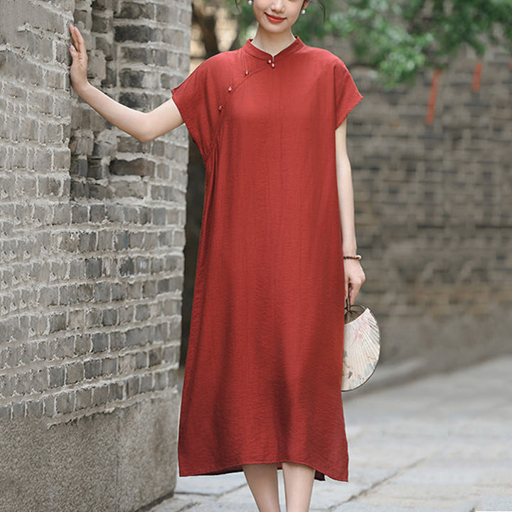 Abito midi in cotone e lino con maniche corte, motivo cheongsam semplice con lacci Buddha Stones - image 7