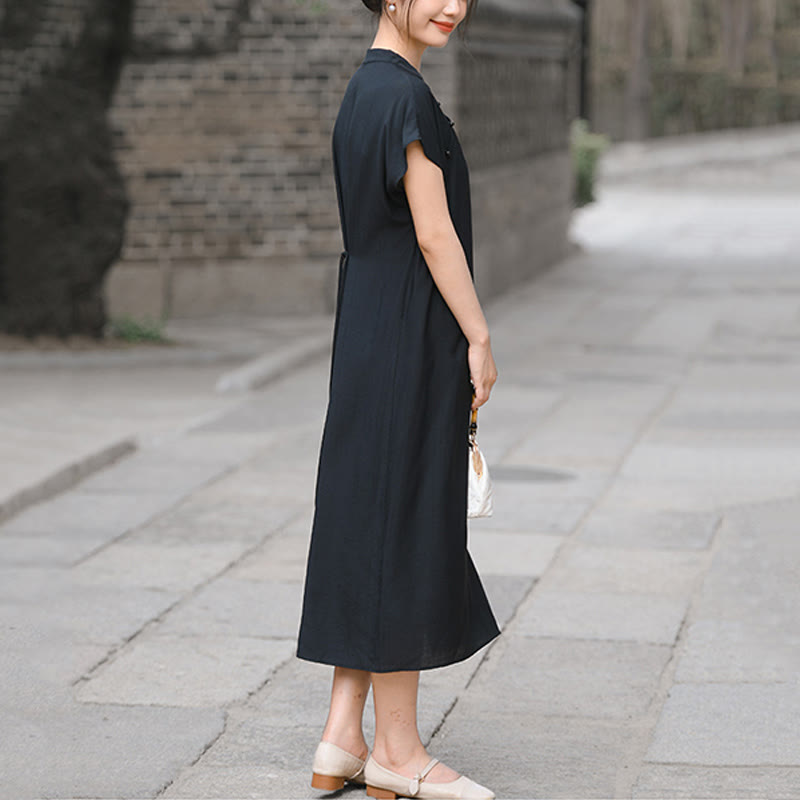Abito midi in cotone e lino con maniche corte, motivo cheongsam semplice con lacci Buddha Stones - image 18