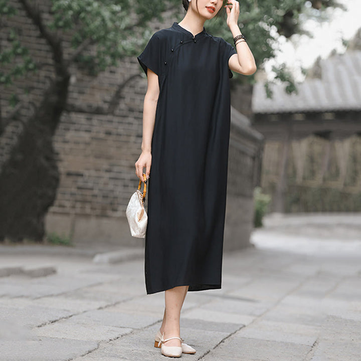 Abito midi in cotone e lino con maniche corte, motivo cheongsam semplice con lacci Buddha Stones - image 17