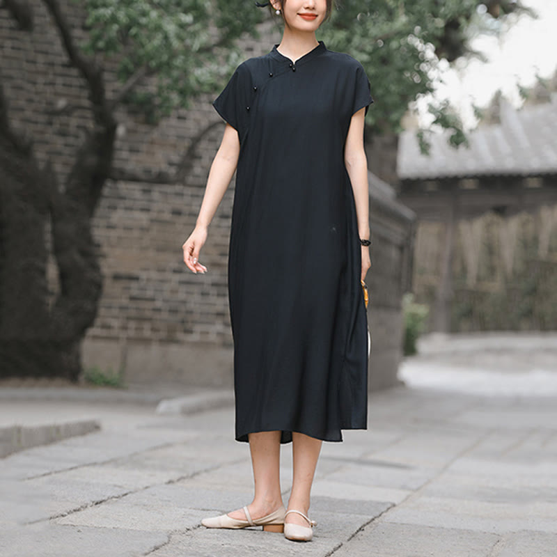 Abito midi in cotone e lino con maniche corte, motivo cheongsam semplice con lacci Buddha Stones - image 19