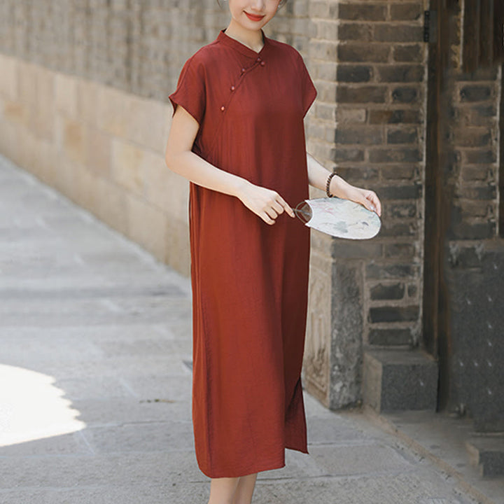Abito midi in cotone e lino con maniche corte, motivo cheongsam semplice con lacci Buddha Stones - image 4
