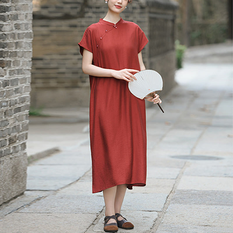 Abito midi in cotone e lino con maniche corte, motivo cheongsam semplice con lacci Buddha Stones - image 5