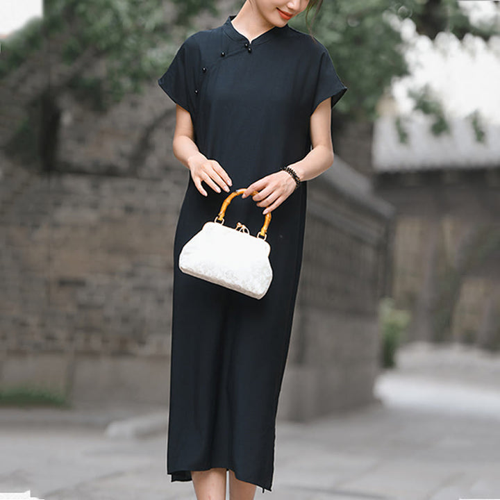 Abito midi in cotone e lino con maniche corte, motivo cheongsam semplice con lacci Buddha Stones - image 16
