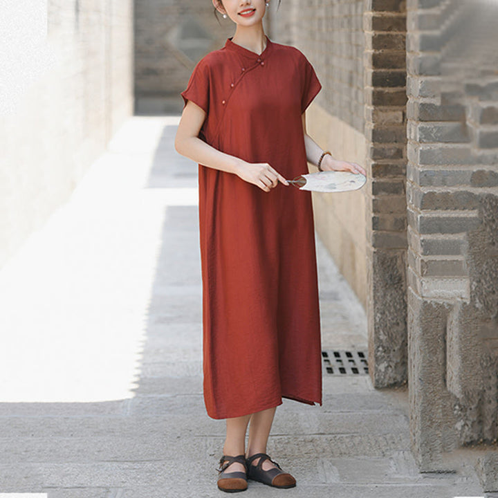 Abito midi in cotone e lino con maniche corte, motivo cheongsam semplice con lacci Buddha Stones - image 6