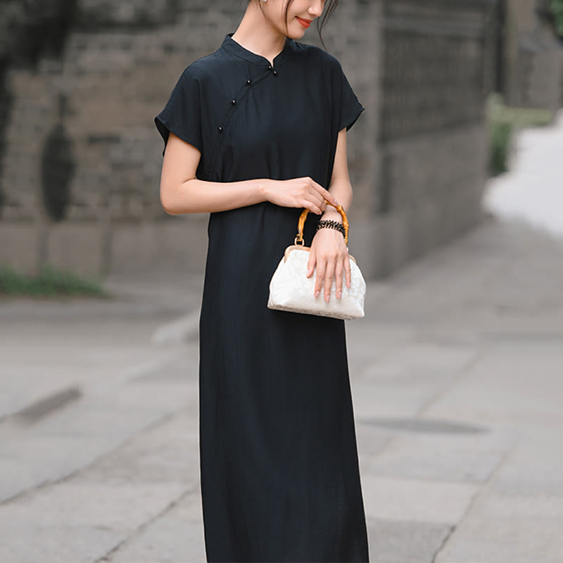 Abito midi in cotone e lino con maniche corte, motivo cheongsam semplice con lacci Buddha Stones - image 22