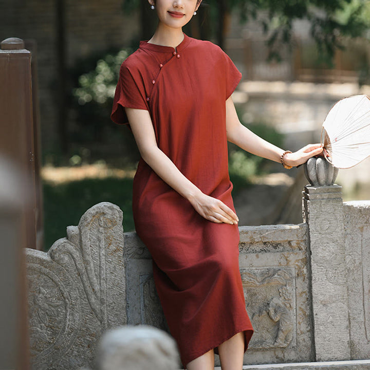 Abito midi in cotone e lino con maniche corte, motivo cheongsam semplice con lacci Buddha Stones - image 10