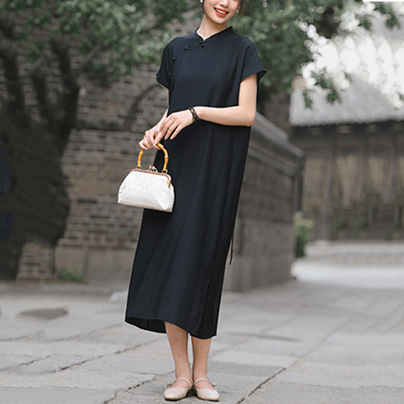 Abito midi in cotone e lino con maniche corte, motivo cheongsam semplice con lacci Buddha Stones - image 21