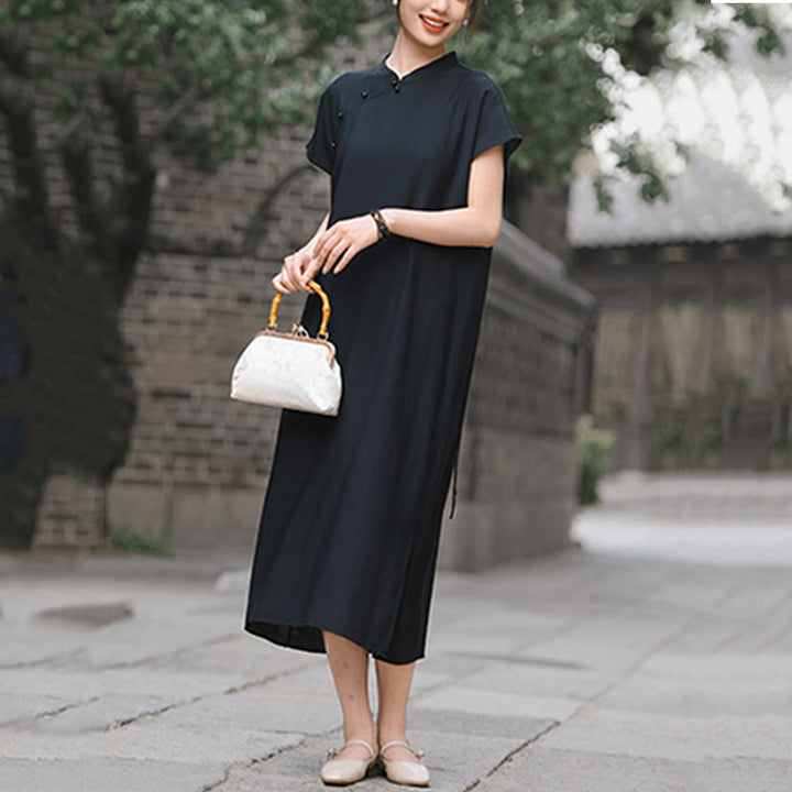 Abito midi in cotone e lino con maniche corte, motivo cheongsam semplice con lacci Buddha Stones - image 21
