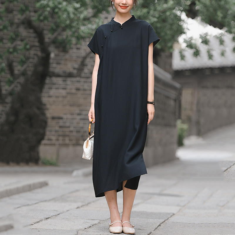 Abito midi in cotone e lino con maniche corte, motivo cheongsam semplice con lacci Buddha Stones - image 20