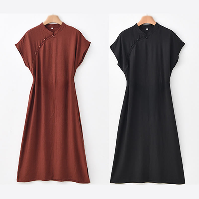Abito midi in cotone e lino con maniche corte, motivo cheongsam semplice con lacci Buddha Stones - image 23
