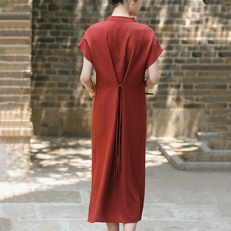 Abito midi in cotone e lino con maniche corte, motivo cheongsam semplice con lacci Buddha Stones - image 3