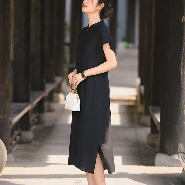 Abito midi in cotone e lino con maniche corte, motivo cheongsam semplice con lacci Buddha Stones - Nero - US8-10, UK/AU12-14, EU40-42 (2XL) - image 14