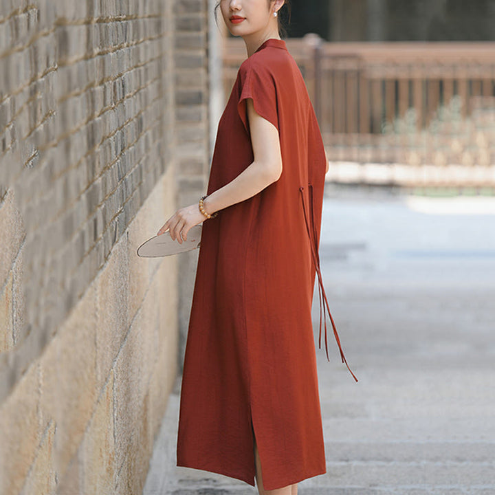 Abito midi in cotone e lino con maniche corte, motivo cheongsam semplice con lacci Buddha Stones - image 8