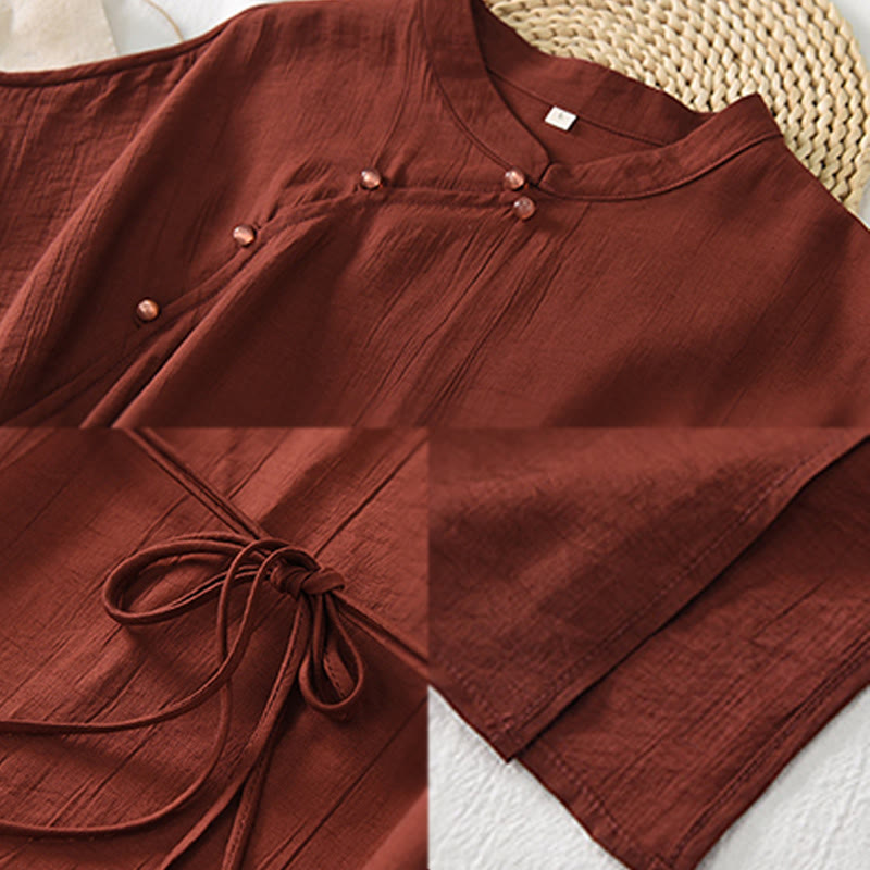 Abito midi in cotone e lino con maniche corte, motivo cheongsam semplice con lacci Buddha Stones - image 13