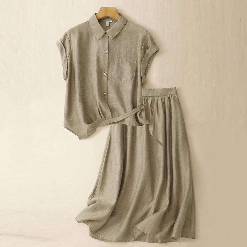 Set da donna in cotone e lino con tasche, 2 pezzi, camicia a maniche corte, gonna lunga 7-8 , Buddha Stones - DarkKhaki - US8-10, UK/AU12-14, EU40-42 (2XL) - image 1