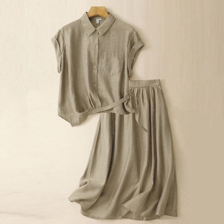 Set da donna in cotone e lino con tasche, 2 pezzi, camicia a maniche corte, gonna lunga 7-8 , Buddha Stones - DarkKhaki - US8-10, UK/AU12-14, EU40-42 (2XL) - image 1
