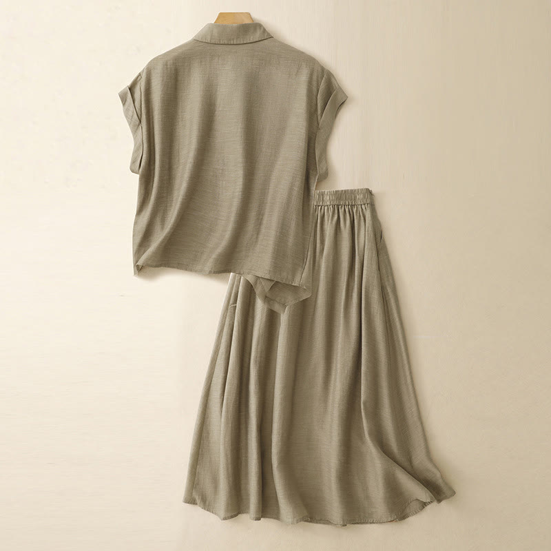 Set da donna in cotone e lino con tasche, 2 pezzi, camicia a maniche corte, gonna lunga 7-8 , Buddha Stones - image 2