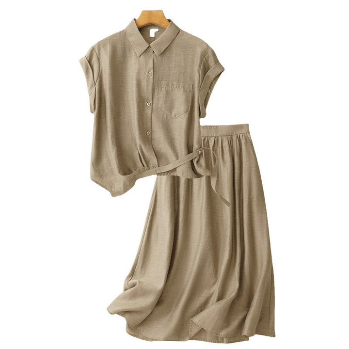 Set da donna in cotone e lino con tasche, 2 pezzi, camicia a maniche corte, gonna lunga 7-8 , Buddha Stones - image 14