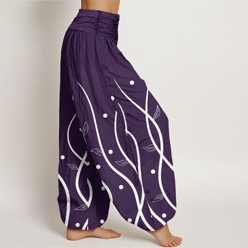 Pantaloni harem da donna con elastico in vita, in cotone, casual e minimalisti, con motivo a foglie di vite, motivo Buddha Stones - image 1
