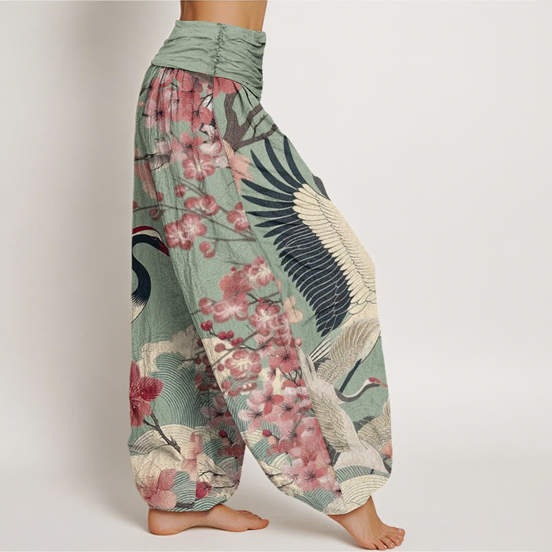 Pantaloni harem da donna con elastico in vita, modello casual con motivo a gru e fiori di ciliegio Buddha Stones - image 1
