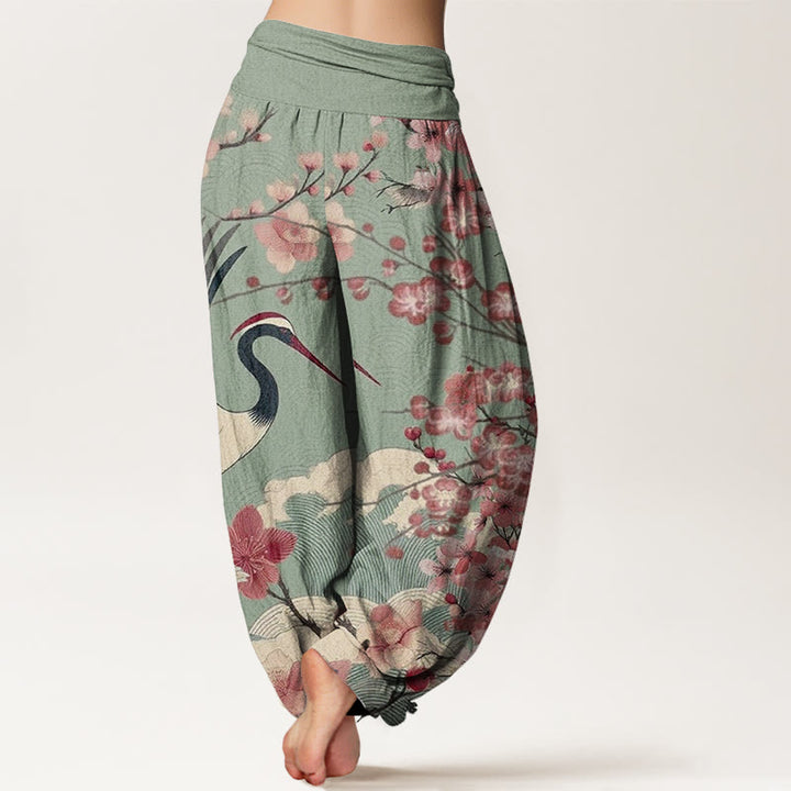 Pantaloni harem da donna con elastico in vita, in cotone, casual, con motivo a gru e fiori di ciliegio, motivo Buddha Stones - image 2