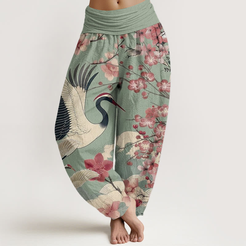 Pantaloni harem da donna con elastico in vita, modello casual con motivo a gru e fiori di ciliegio Buddha Stones - DarkSeaGreen - US22, UK/AU26, EU54 (6XL) - image 0