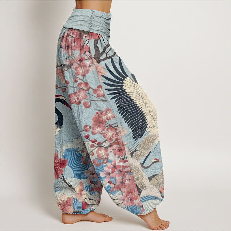 Pantaloni harem da donna con elastico in vita, modello casual con motivo a gru e fiori di ciliegio Buddha Stones - image 6
