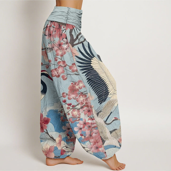 Pantaloni harem da donna con elastico in vita, in cotone, casual, con motivo a gru e fiori di ciliegio, motivo Buddha Stones - image 5