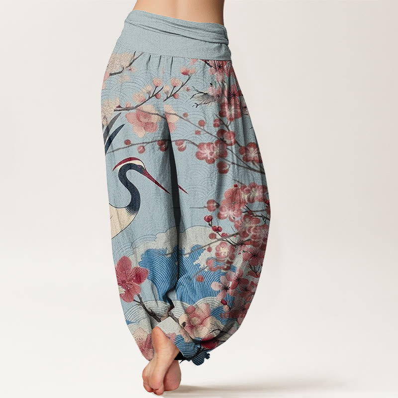 Pantaloni harem da donna con elastico in vita, modello casual con motivo a gru e fiori di ciliegio Buddha Stones - image 7